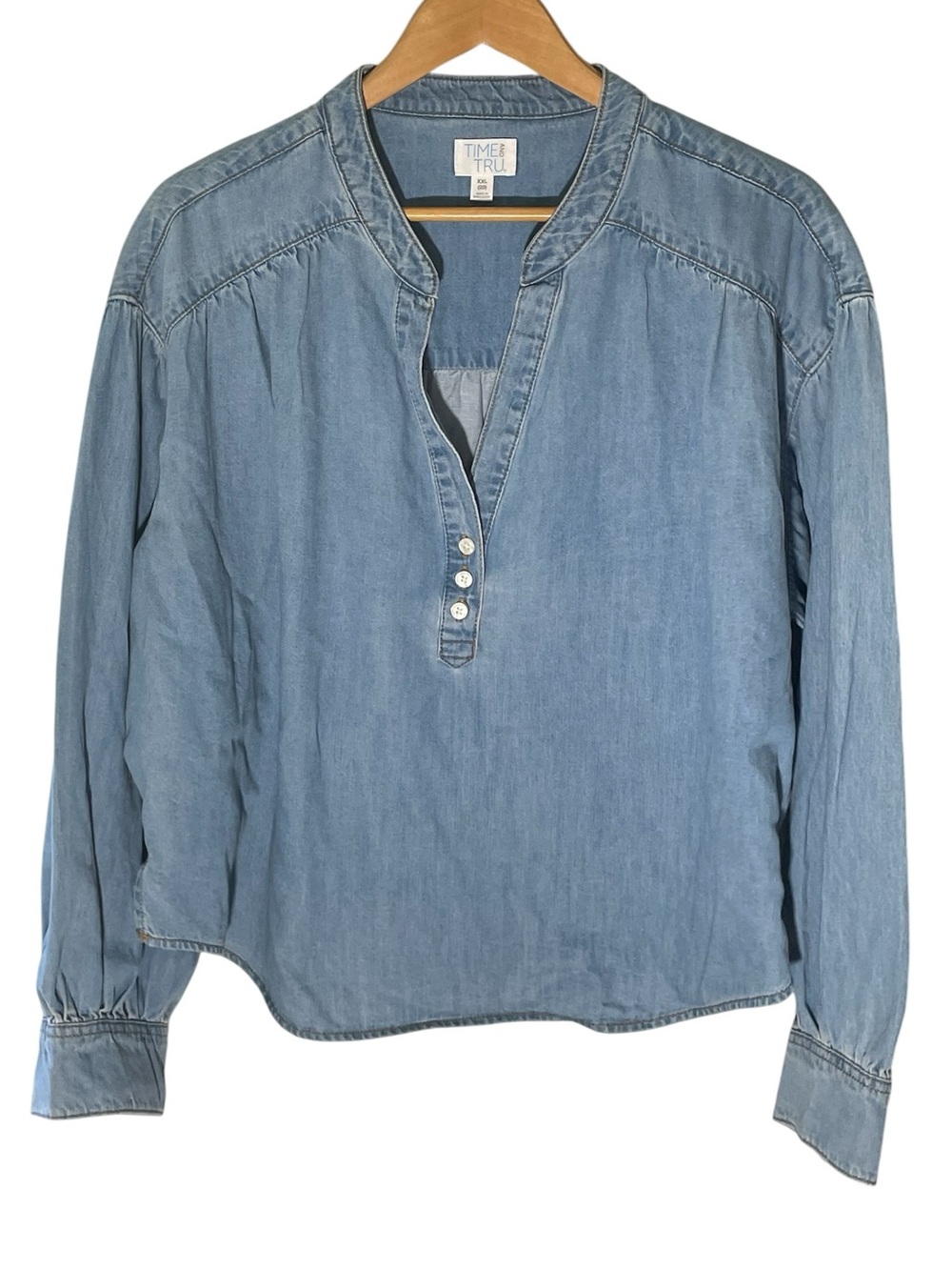 LL1- Time and Tru Light Blue Denim Henley Tunic Top